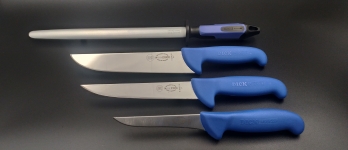 DICK  2555 sada řeznických nožů ERGOGRIP, ocílka + 3 nože modrá rukojeť